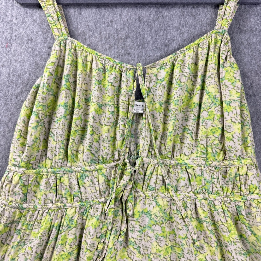 American Eagle Green Floral Mini Dress XL Tie Front Smocked Ruffle Fairycore - Picture 12 of 13
